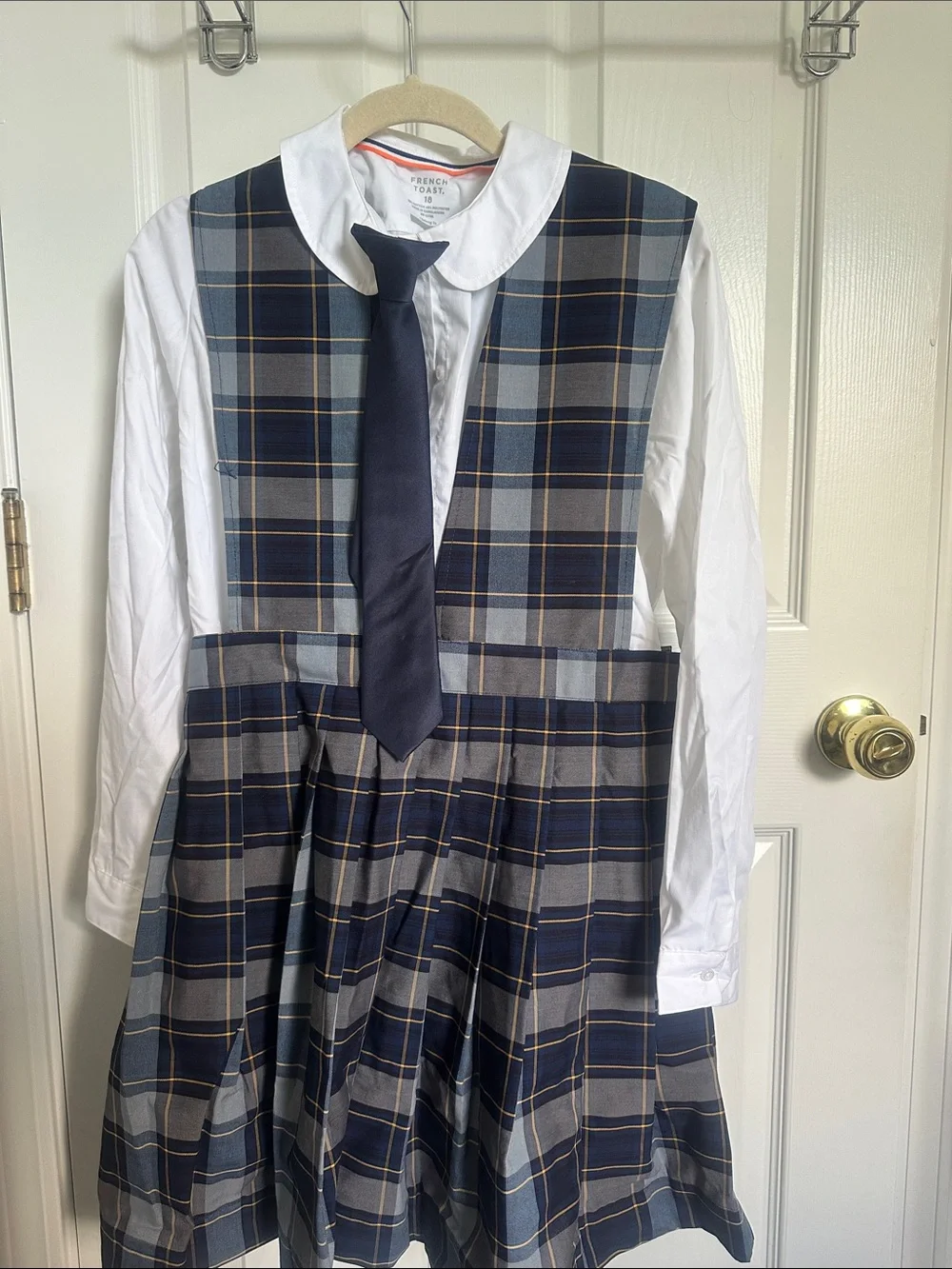 French Toast Button Up with Navy and Gray Plaid Jumper, clip on Navy Tie